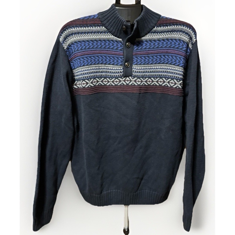 CHAPS Mens Fair Isle Sweater Size XL Blue‎ Henley Pullover 100% Cotton